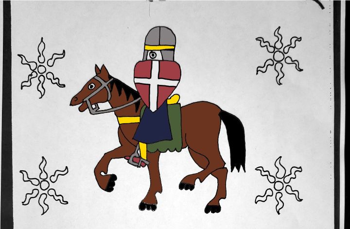 Drawing of knight on a horse.